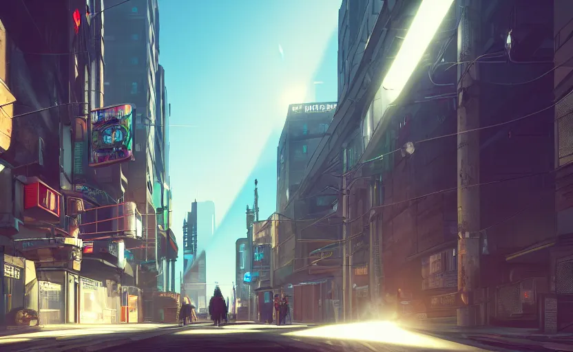 Image similar to photorealistic cyberpunk city streets. daylight. sunlight. lens flare. light fixtures. 8K. detailed. photorealism. artstation. 25mm f/1.7 ASPH Lens. ultra realistic