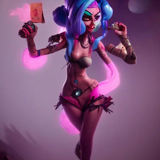 Image similar to Portrait of Jinx from league of legends, anger, mystery, fear, highly detailed, ominous vibe, smoke, octane render, cgsociety, artstation, trending on ArtStation, by Marie Magny