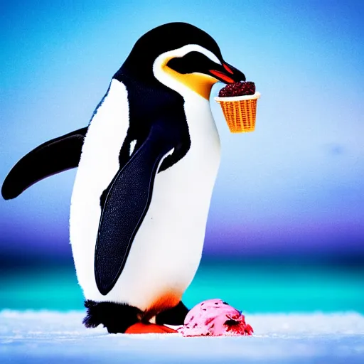 Prompt: wonderful cute penguin eating ice cream, portrait, sharp focus, colourful nature background, vivid colours, highly detailed, 4 k