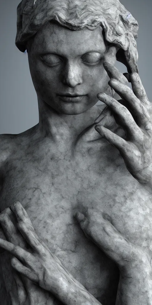 Prompt: weird marble statue close up in a dark room, creepy and eerie athmosphere, mist, godrays, photorealistic, highly detailed, unreal engine