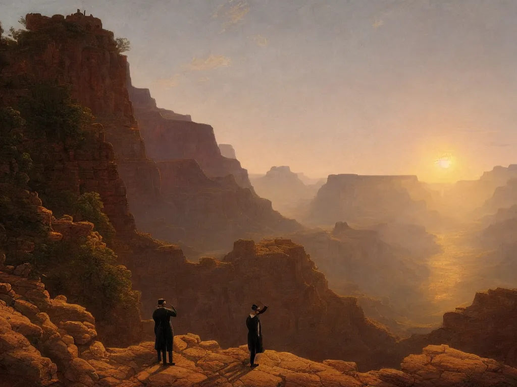 Prompt: romantic painting, wide shot of a lone gentleman in 1 9 th century clothing ( looking at his cellphone )!!!!!! in front of a the grand canyon at sunrise, highly detailed, sublime, hyperrealistic, painted by caspar david friedrich and albert bierstadt, trending on artstation 8 k