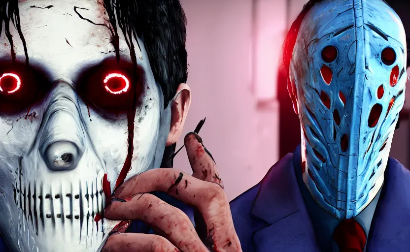 Image similar to cinematic view of a dead by daylight killer lawyer wearing a blue business suit, character portrait, digital art