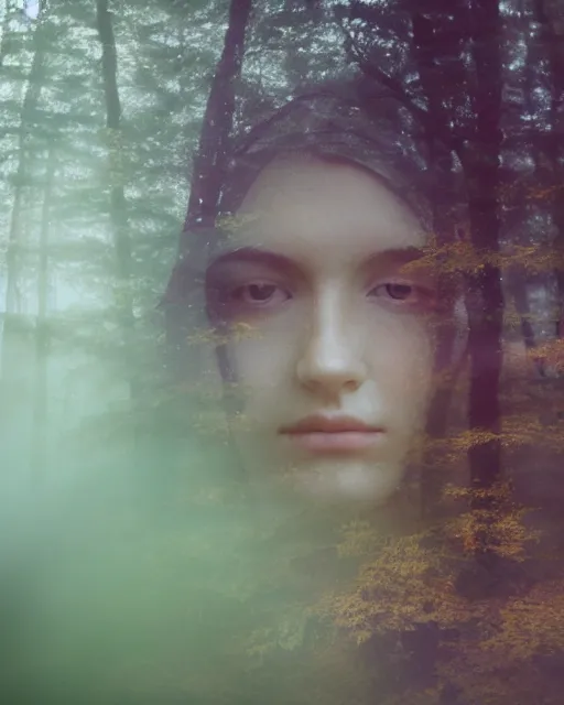 Prompt: a double exposure of a beautiful extreme close up side view portrait of a mystical young woman looking down!!, motion blur, with a landscape photo of an autumn misty morning forest, forest trail, lake, dappled light, sun rays, green and brown tones