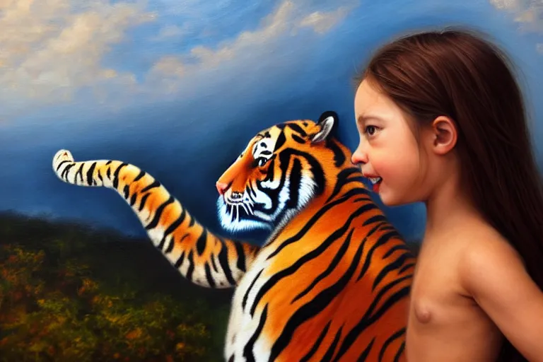 Image similar to ( ( a beautiful 8 k photorealistic masterpiece oil - painting ) ( close up ) and ( zoom out ) ( of ( a tiger soft toy ) ( talking to a girl ( while running on a roof ) ) ) ( hyperrealism ) ( 1 6 k ) ( trending on artstation )