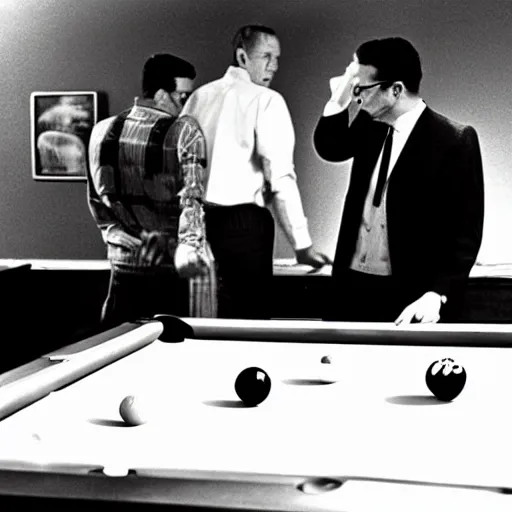 Prompt: From the 1964 photo collection “Cheaters Lives” one man accuses another man of cheating at pool in a midnight pool hall. Angry argument. Cigarette smoke hangs in the air. There are glasses of scotch on the edges of the pool table. Black and white photo by Ian Berry, 1964. Vintage. Americana.