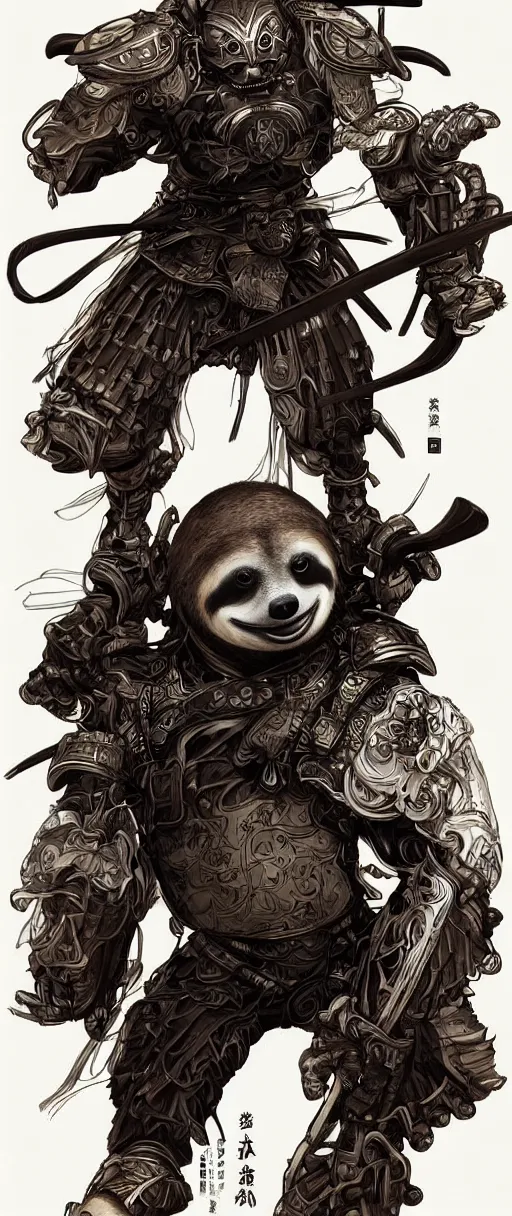 Image similar to graphic, hyperreal illustration of anthropomorphic sloth in traditional samurai armor : : digital art, concept art, character development : : illustrated by artgerm, yoji shinkawa, scott buoncristiano, nychos