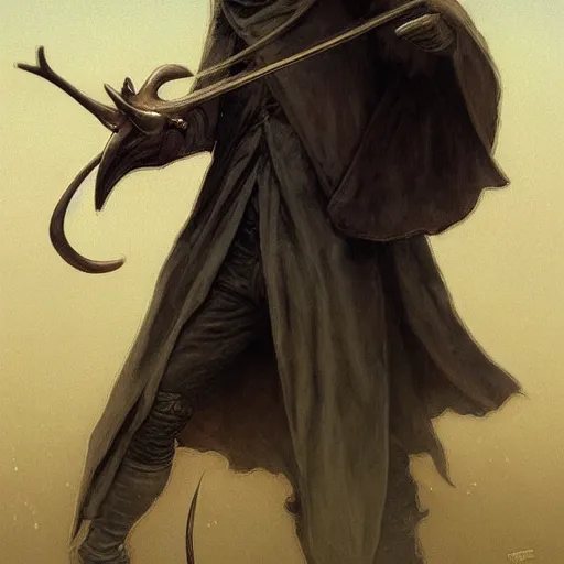 Image similar to a plague doctor hunting with a bow, with antlers on his head, deep focus, intricate, elegant, highly detailed, digital painting, artstation, concept art, matte, sharp focus, illustration, art by artgerm and greg rutkowski and alphonse mucha