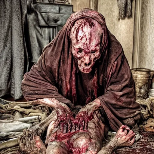 Prompt: an elder witch covered in decaying ragged robes hunched over a corpse showing meat and muscle and bone and blood creepy photo