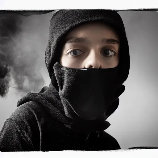 Image similar to a portrait of a teenager wearing a black balaclava in a tear gas cloud, facing camera, smoke, riot, photojournalism, f 2, nikon, studio portrait, haze, volumetric lighting, eerie