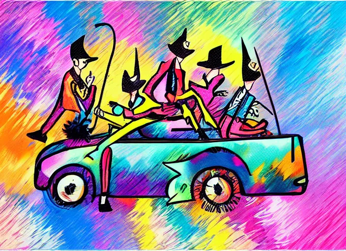 Image similar to a squad riding to party inside car, 5 people, water splashes, pop art, party lightning, evening, kandinsky, trending on art station, prolongated lines, neon tails, photorealistic style