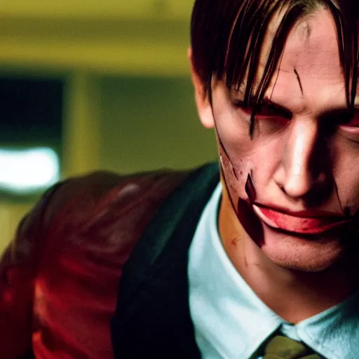 Image similar to Leon Kennedy from Resident Evil as The American Psycho, sweating intensely, cinematic still