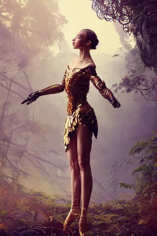 Image similar to stunningly beautiful, cyborg prima ballerina in jungle, symmetrical face, golden hour, smooth, focus, highly detailed, hyper realistic, dramatic lighting, elegant, intricate, concept art, art by wlop, mars ravelo, greg rutowski, artstation