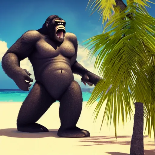Image similar to king kong wearing a bikini, clearing a space for himself at the beach, cinematic, octane render, sunny day, tropical island.