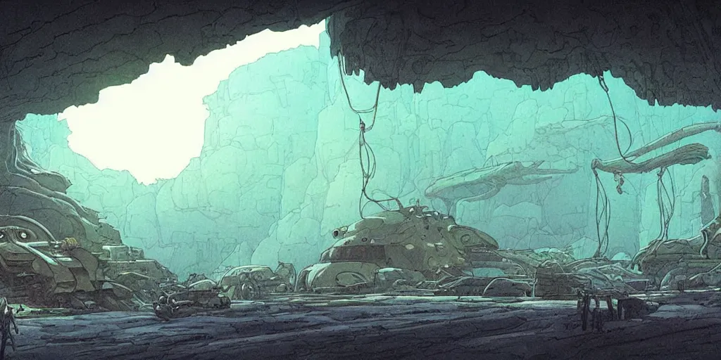Image similar to natural cave with scifi huge experimental tanks and bizarre creatures in it , low ceiling, cables hanging from ceiling, thick cables on ground, ground perspective, computer screens, neons, top light , epic scene, 8k, illustration, art by ghibli moebius, comics art