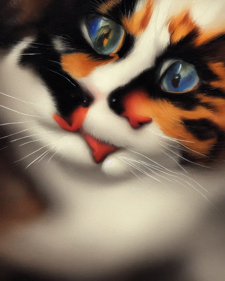 Image similar to extreme close up portrait of one calico cat by vermeer. black background, three - point lighting, enchanting, realistic features, realistic proportions, centered, trending on artstation.