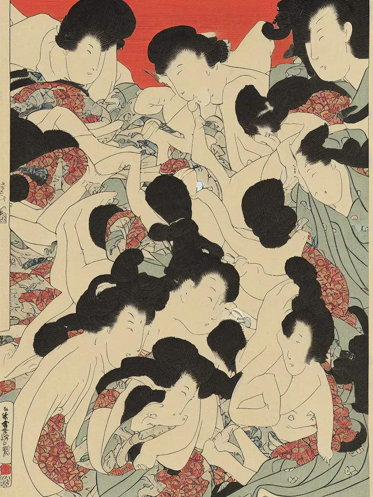 Prompt: Three Women and Three Cats, an ukiyo-e painting by Hokusai