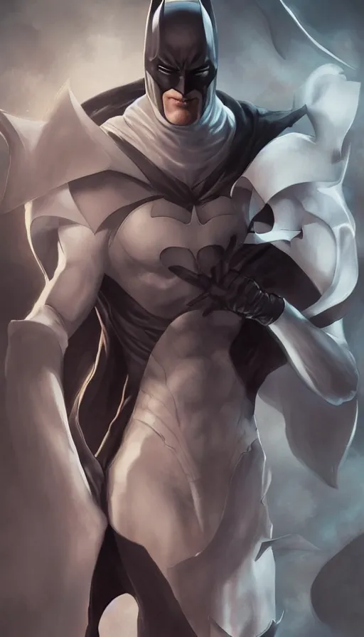 Prompt: characters portrait of MoonKnight mixed with Batman by ArtGerm and Tom Bagshaw, merged character, Full Body, full-shot, 4k, highly detailed, cinematic lighting