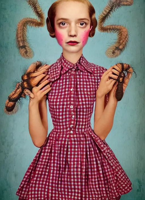 Prompt: surreal portrait of a girl whose head is a tarantula and whose body is dressed in a 1950s school dress, inspired by Mark Ryden and Marion Peck, hints of Cronenberg