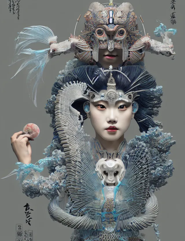 Image similar to 3 d goddess bottom - up with ram skull. beautiful intricately detailed japanese crow kitsune mask and clasical japanese kimono. betta fish, jellyfish phoenix, bio luminescent, plasma, ice, water, wind, creature, artwork by tooth wu and wlop and beeple and greg rutkowski