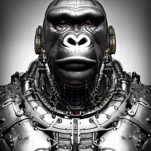 Prompt: a beautiful intricate fine art portrait photo of a a mechanical industrial steampunk cybernetic silverback gorilla, by tom bagshaw and zach sutton, perfection!, milk bath photography, studio lighting, backlight, 35mm lens, very detailed, bionic, cybernetic scifi, deep depth of field, artstation, 8K, highly coherent