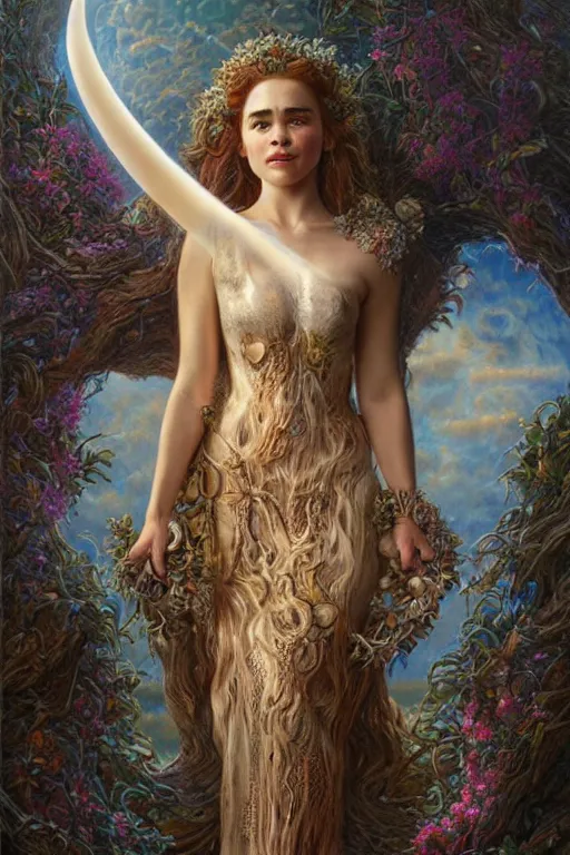 Image similar to emilia clarke as the goddess persephone. art by tomacz alen kopera and gaston bussiere.