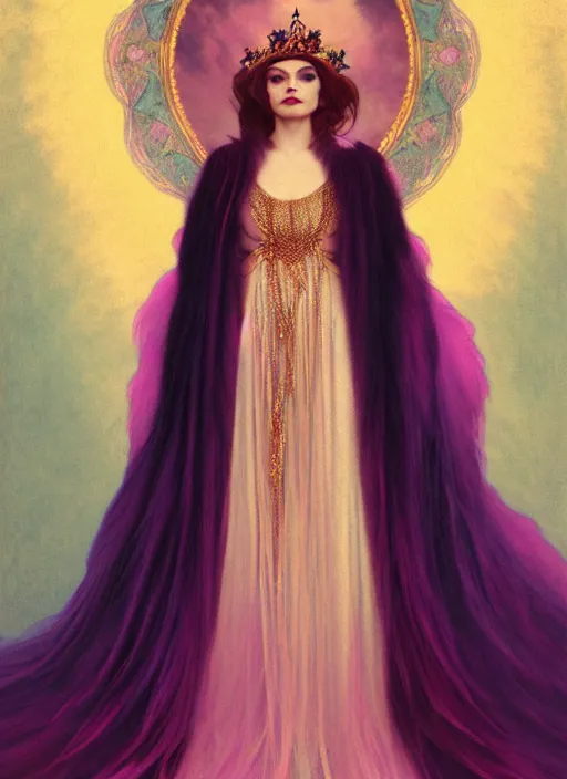 Prompt: ombre velvet gown, feathers, lovely queen, portrait, long hair, small crown, dozens of large pearl necklaces, feral languid woman, by greg rutkowski, anato finnstark, alphonse mucha, global illumination, radiant light