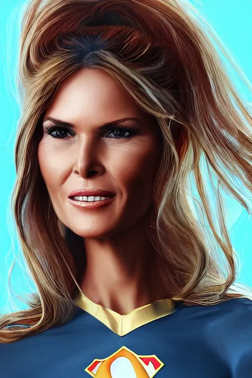 Image similar to portrait of a mix of young maria shriver, mariel hemmingway, melania trump and elle macpherson as superwoman, thin lips, hair tied up in a pony tail, colorful artstation, cgsociety