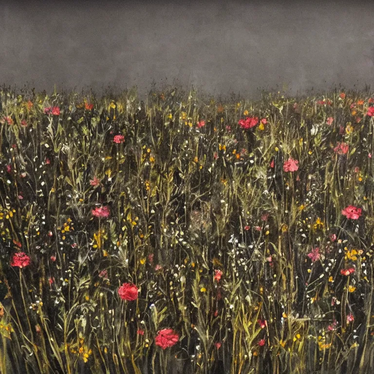 Prompt: dark painting of decaying bones!! in a meadow of flowers