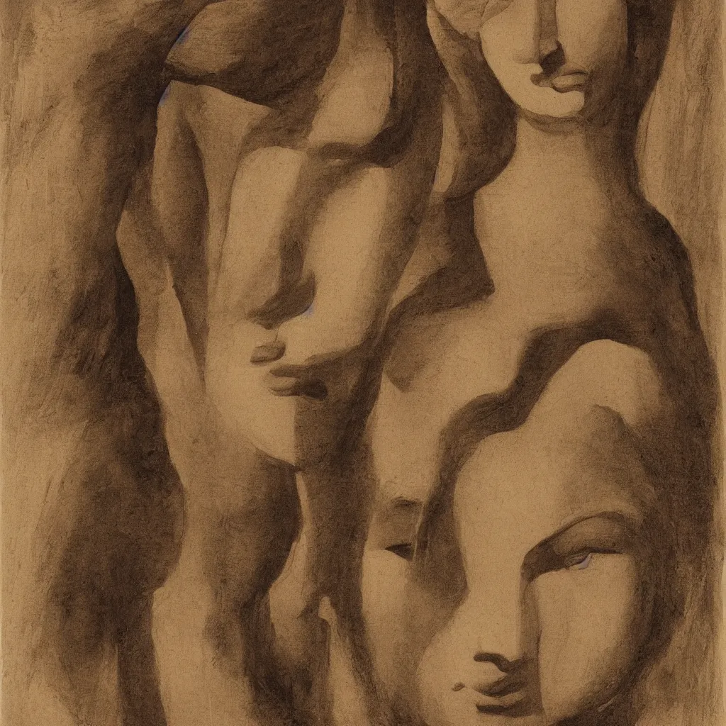 Image similar to portrait of a goddess face looking directly into the camera multiplying to infinity in the style of abercrombie, gertrude, in the style of archipenko, alexander