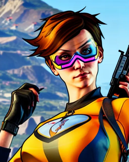 Image similar to gta 5, grand theft auto 5 cover art of tracer from overwatch