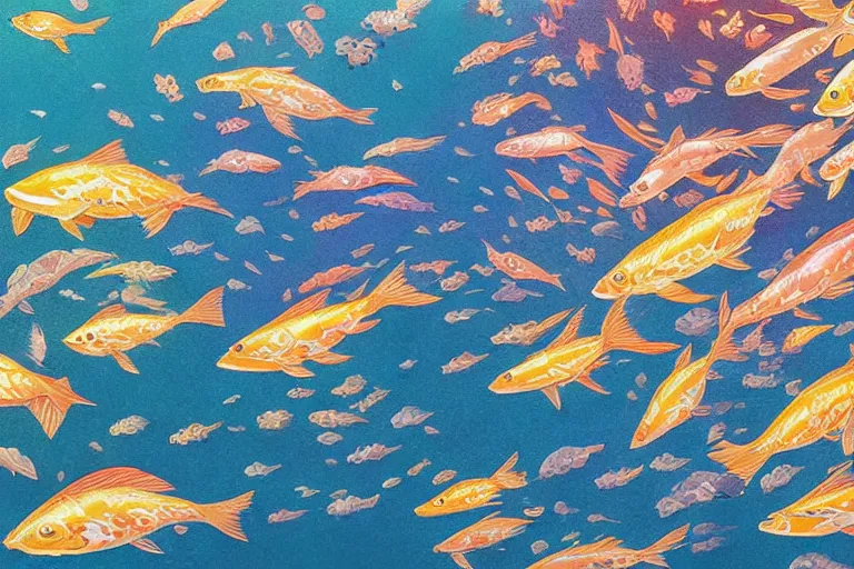 Image similar to portrait of goldfishes swarming the ocean. shadow and light. rays of light. energetic, dynamic, lively, detailed, intricate, complex. fine art by hayao miyazaki, akira toriyama, makoto shinkai, and ohara koson.