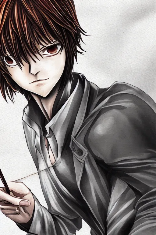 Image similar to light yagami, god of the new world, highly detailed, digital art, sharp focus, trending on art station, death note