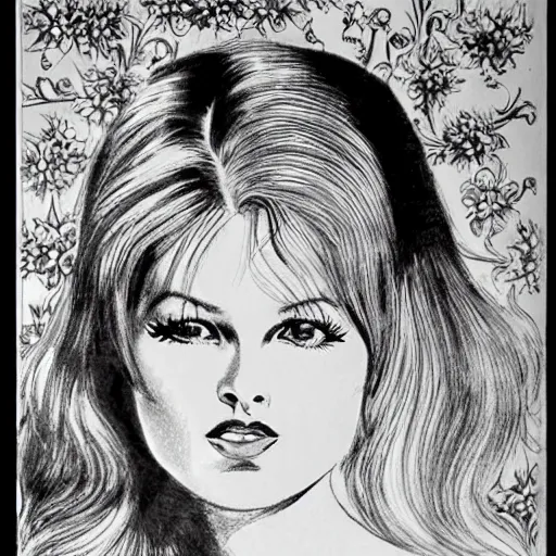 Prompt: 1 9 6 0 s drawing symmetrical pretty elegant brigitte bardot as a vampire with alain delon, very detailed intricate intaglio, style of takato yamamoto!!! lots of flowers