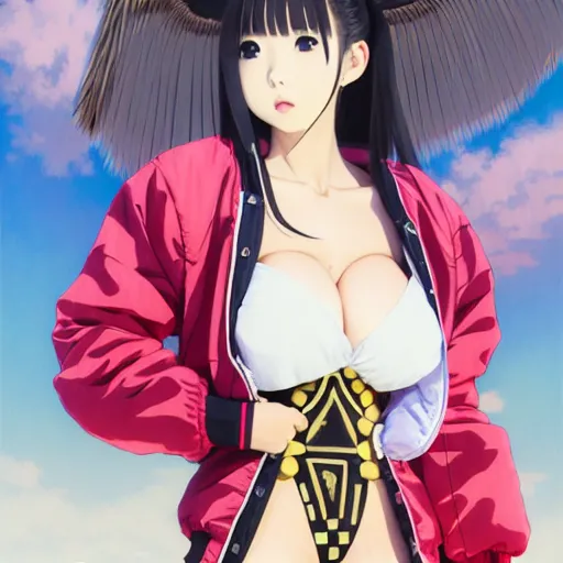 Image similar to a beautiful japanese lalisa alluring gravure model, wearing oversized designer bomber jacket and leotard, bulky poofy bomber jacket with mesoamerican patterns, mesoamerican native street fashion, gapmoe yandere grimdark, trending on pixiv fanbox, painted by greg rutkowski makoto shinkai takashi takeuchi studio ghibli, akihiko yoshida