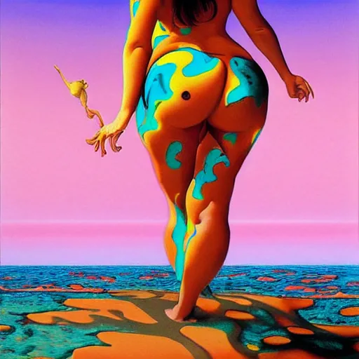 Image similar to big posterior of beautiful plump woman with a big rump by roger dean white cotton bikini psychedelic illusionary art psychedelic trippy gorgeous beautiful