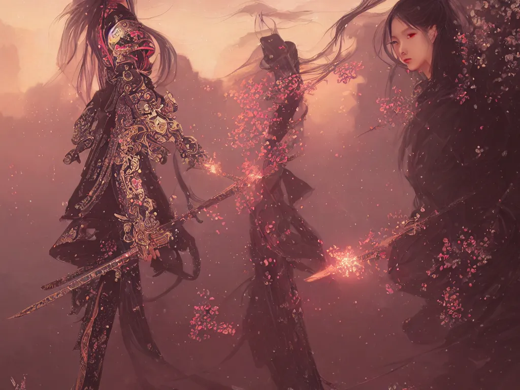 Image similar to jisoo blackpink samurai girl, armored samurai clothes, in japanese temple fire stormy sparkles night, ssci - fi and fantasy, intricate and very very beautiful and elegant, highly detailed, digital painting, artstation, concept art, smooth and sharp focus, illustration, art by tian zi and wlop and alphonse mucha