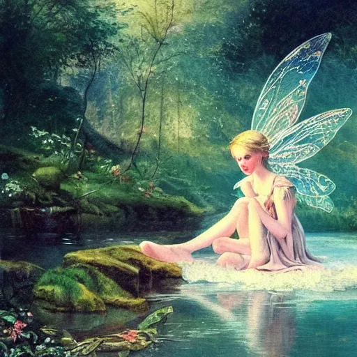 Prompt: fairy in the river, beautiful artwork, Hughes, Edward Robert