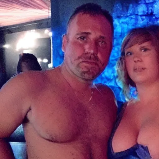 Image similar to photo of a 4 0 year old man that looks old for his age dating a very ugly 2 2 year old woman wearing a bikini. they are at a high end club.