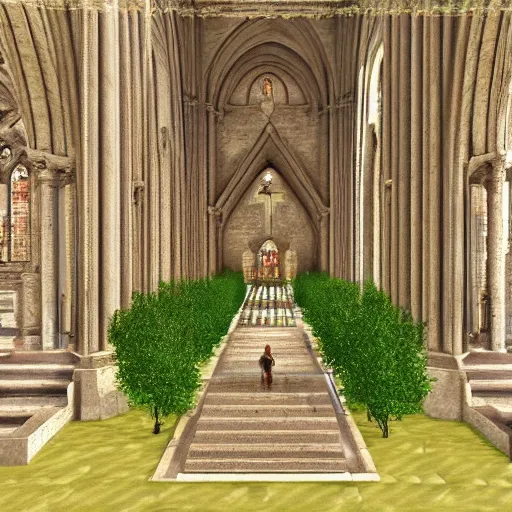 Prompt: [ large roman style cathedral ] : : grass, sunny, vast environment, sense of scale : : 8 k