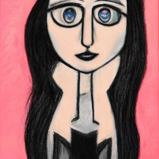 Image similar to a woman with long hair and a black shirt, a pastel by minerva j. chapman, tumblr contest winner, cubism, goth, gothic, messy