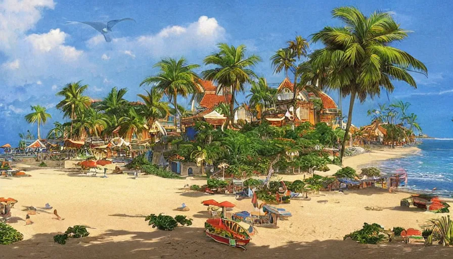 Prompt: beautiful seaside tropical beach village by moebius, very beautiful, volumetric lighting