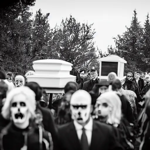 Prompt: photograph of a funeral with a zombie coming up out of the ground. 8k