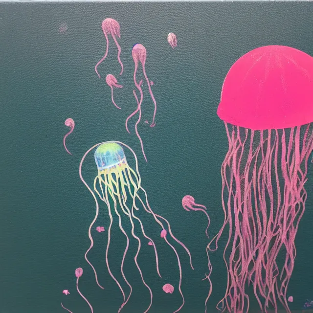 Prompt: jellyfish, tiny woman in a fish tank, surrealism, acrylic and spray paint and oilstick on canvas