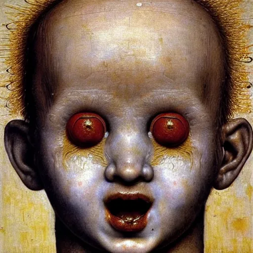 Image similar to a boy made of spaghetti and tomato sauce, looking straight into camera, screaming in desperation, by giuseppe arcimboldo and ambrosius benson, renaissance, fruit, intricate and intense oil paint, a touch of beksinski and hr giger and edward munch, realistic