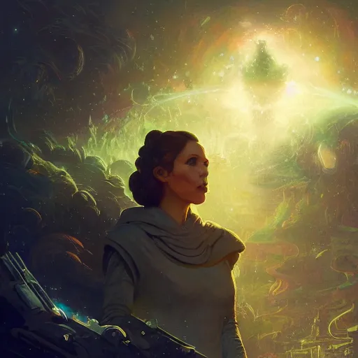 Prompt: princess leia, constable, noah bradley, hiroshi yoshida, dan mcpharlin, peter mohrbacher, druillet, epic composition, sparkling light, vivid, bright