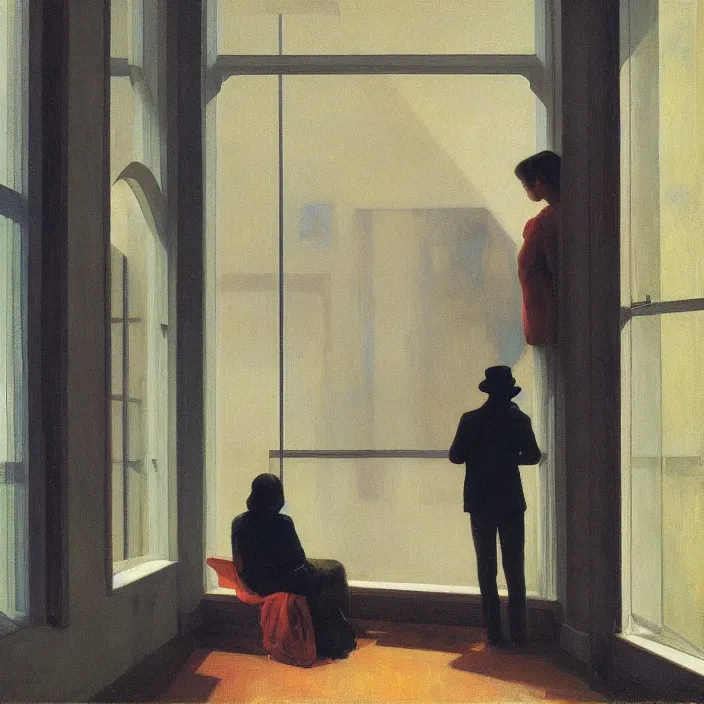 Image similar to people inside flooded museum looking through the window Edward Hopper and James Gilleard, Zdzislaw Beksinski, highly detailed