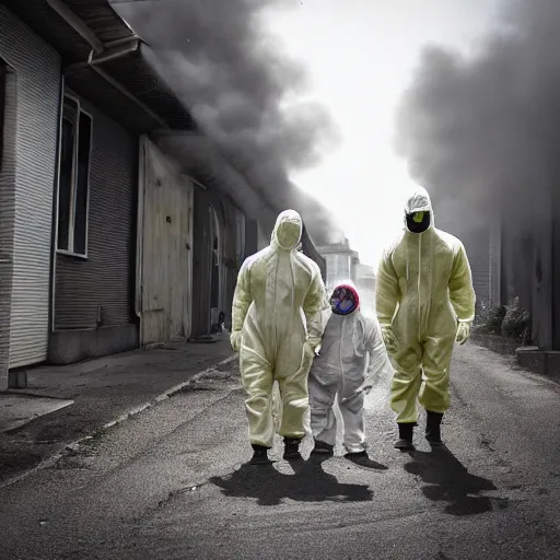 Image similar to a family wearing a hazmat suits on a post-war era street, walking away from the camera, dark smoke in the background, filthy streets, broken cars. Vines growing. Jpeg artifacts. Award-winning photo. Full-color photo. Samyang/Rokinon Xeen 50mm T1.5