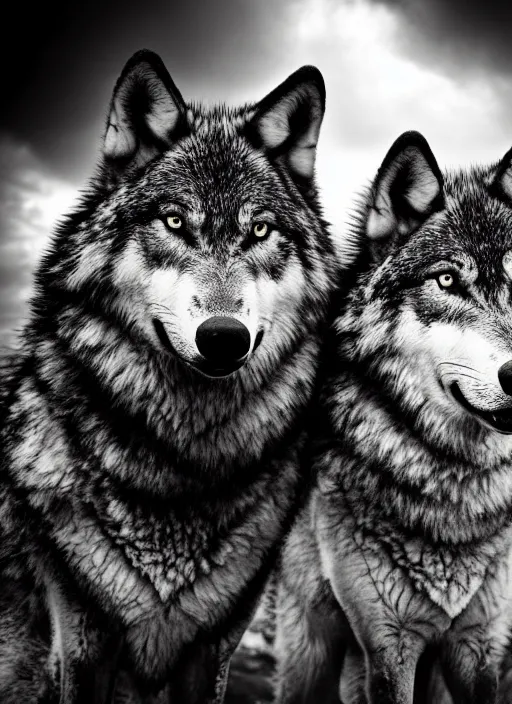 Image similar to two wolves black and white portrait white sky in background