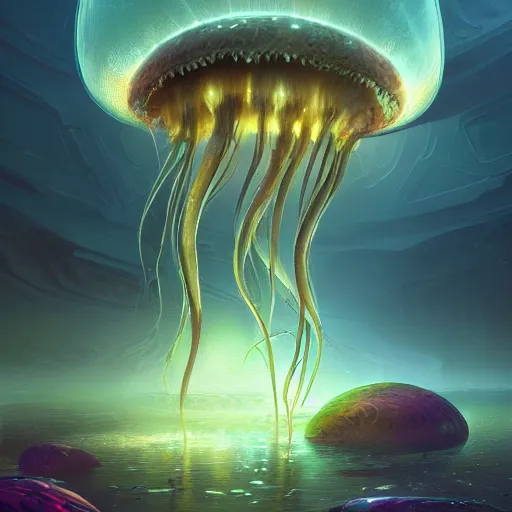 Image similar to photorealistic alien jellyfish world in the style of greg rutkowski and michael whelan. hyperdetailed photorealism, 1 0 8 megapixels, amazing depth, glowing rich colors, powerful imagery, psychedelic overtones, 3 d finalrender, 3 d shading, cinematic lighting, artstation concept art