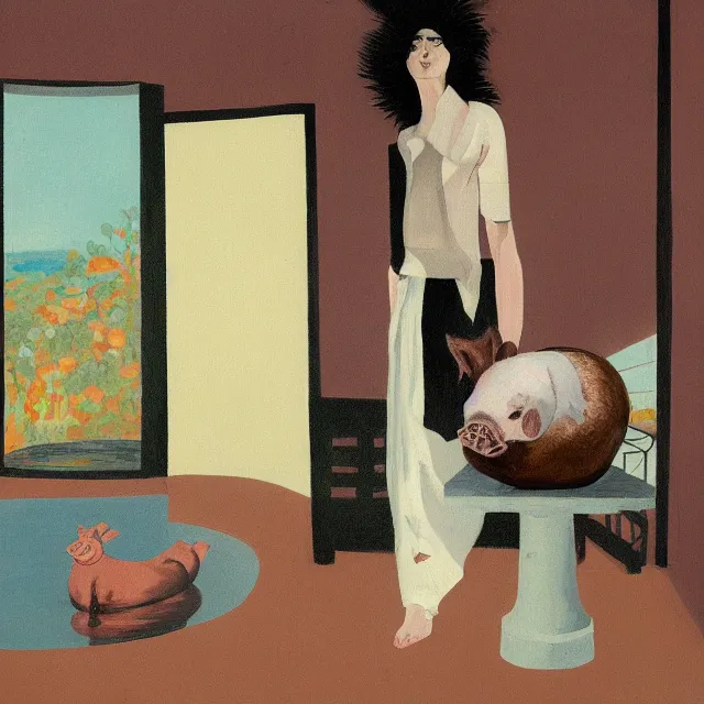 Prompt: tall female emo artist holding a pig in her flooded bathroom, water gushing from ceiling, painting of flood waters inside an artist's bathroom, a river flooding indoors, pomegranates, pigs, ikebana, zen, water, octopus, river, rapids, waterfall, black swans, canoe, berries, acrylic on canvas, surrealist, by magritte and monet